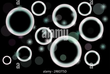 Abstract, multicolored, neon, shiny, bright, black and white, glowing circles, balls, bubbles, light spots with bokeh effect with stars on a black bac Stock Vector