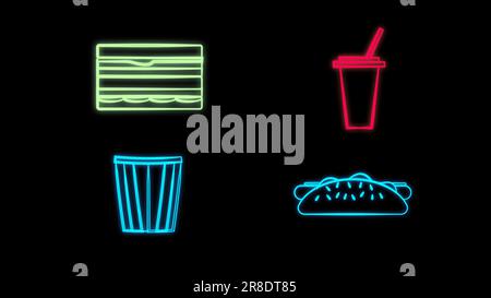 Set line Taco with tortilla, Paper glass with drinking straw and burger, Popcorn in bowl and Hotdog sandwich with mustard. Glowing neon icon on brick Stock Vector