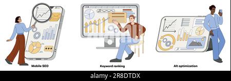 Mobile SEO, keyword ranking and alt optimization concept with working people, computer, phone, laptop. Analytics with keys, growth charts. Internet marketing agency with magnifier and graphs on screen Stock Vector