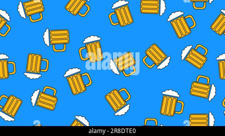 Texture seamless pattern from a set of rare good tasty refreshing alcoholic drinks of hops light and dark malt foam beer in glasses, mugs on a blue ba Stock Vector