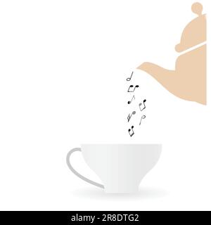Teapot pouring musical notes in a cup, copy space vector Stock Vector