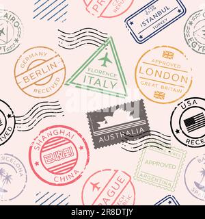 Travel Seamless Pattern. Post stamps from countries all around the world. Passport stamps vector graphic. International badges design. Stock Vector