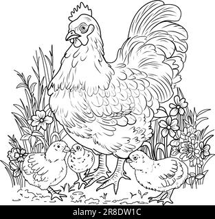 Bird farm coloring page. Hens and chicks linear illustration for coloring Stock Vector