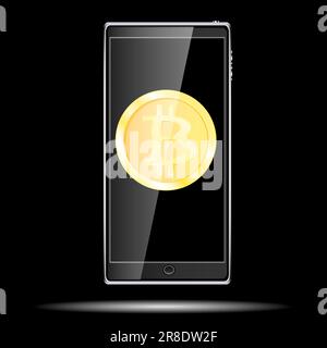 A large black realistic mobile smart touch-sensitive slim mobile phone with a shadow with a gold coin bitcoin, a crypto-currency on the display is iso Stock Vector