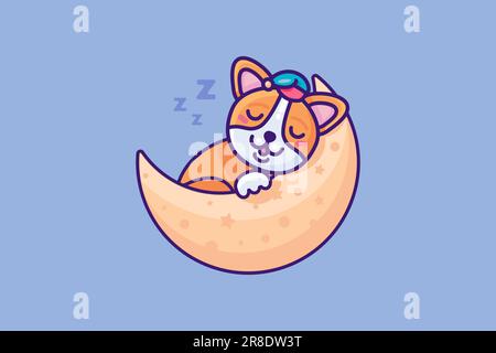 Little cute kid dog sleeps sweetly in crescent moon bed. Peaceful rest of baby animal. Vector cartoon illustration in thick stroke isolated on lilac n Stock Vector