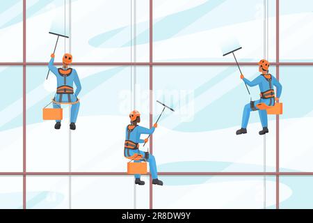 Workers cleaning window, work at height vector illustration. Cartoon industrial alpinists hanging on harness ropes with brush cleaner to clean glass of office facade, characters climbing building Stock Vector