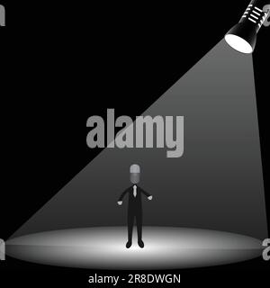 Silhouette of a man with microphone instead of head on the stage under spotlight Stock Vector