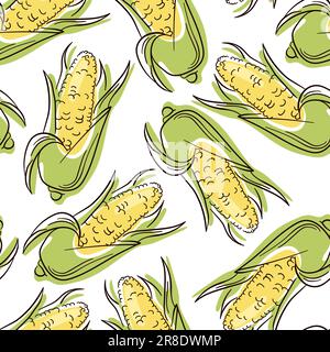 Corn line art seamless pattern. Seamless linear pattern of sweet corn cobs with pastel colors on a white background. Print, textile, vector. Stock Vector