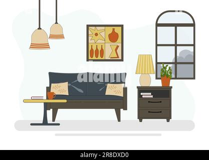Stylish living room interior with furniture. Sofa on the background of the window, pillows, tosher and a picture. Flowers in pots. Cozy room in the ho Stock Vector