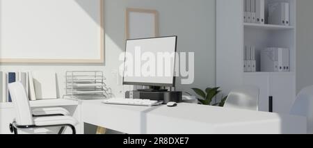 Interior design of a modern white office with computer white screen mockup and office supplies on a table. doctor office, teacher room, front desk. 3d Stock Photo