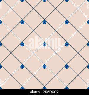 Geometric repeating vector ornament with diagonal lines and circles. Seamless abstract modern dark and light blue and beige pattern. Apparel pattern, Stock Vector