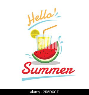 hello summer season holiday with orange cocktail and watermelon Free Vector. Hello summer text with fruit drink and watermelon, elements for tropical Stock Vector