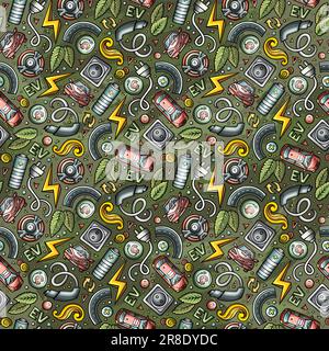Cartoon cute doodles Electric vehicle seamless pattern. Colorful detailed, with lots of objects background. Backdrop with eco cars symbols and items Stock Vector