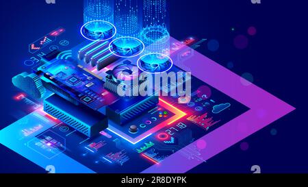 Hardware electronic development concept. Electronic circuit board or motherboard with CPU chip or processor, memory board, GPU, coolers, over computer Stock Vector