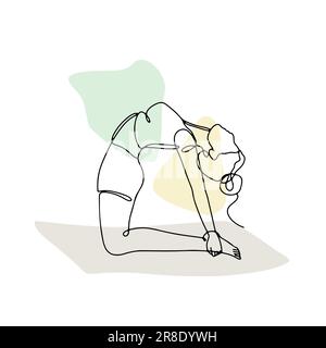 Single line drawing of a girl in yoga pose with abstract shapes Stock Vector