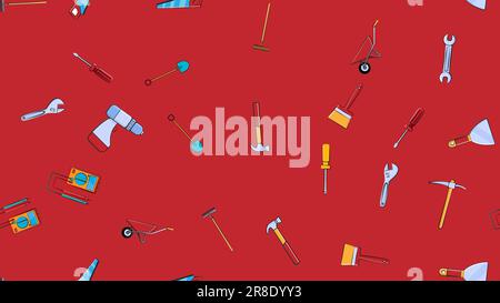 Texture, seamless pattern from a set of construction tools for repair: hammer, shovel, screwdriver, wrench, tester, brush, saw, trolley, trowel, ladde Stock Vector