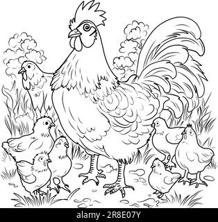 Bird farm coloring page. Hens and chicks linear illustration for coloring Stock Vector