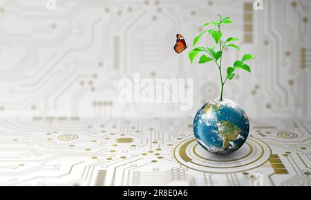 Tree growing on Earth with abstract blue background. Environmental Technology, Earth day, Energy saving, Environmentally friendly, csr, and IT ethics Stock Photo