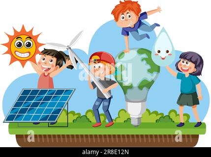 Children with solar panels and wind turbines illustration Stock Vector