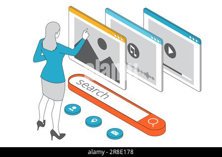 Isometric search engine result. SEO work, SERP, online promotion, content marketing Stock Vector