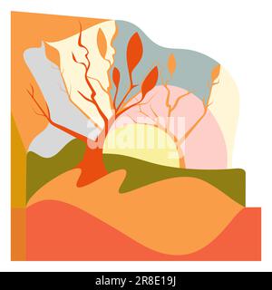 Abstract minimalist autumn landscape vector illustration with stylized tree and rolling hills in pastel colors. Stock Vector