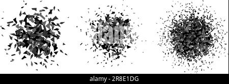 Set of debris and shatters in radial shape. Black and grey broken smashed pieces, specks, speckles and particles. Abstract explosion and burst textured elements collection. Vector illustration  Stock Vector