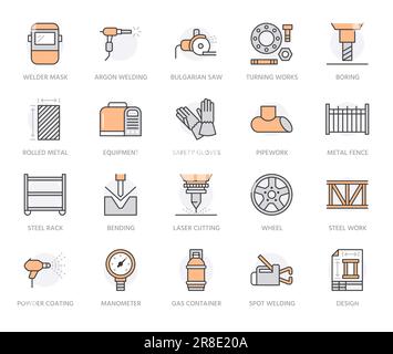 Welding services flat line icons. Rolled metal products, steelwork, stainless steel laser cutting, turning works, safety equipment. Industry thin Stock Vector