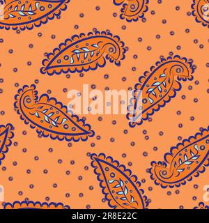 Paisley seamless vector pattern background. Beautiful hand drawn floral scattered design with tiny flower background. Tropical color neon orange Stock Vector