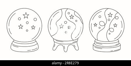 Set of magic crystal balls in linear style. Magic outline symbol isolated on white background. Vector illustration Stock Vector