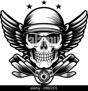 tattoo design of a skull with wings in black and white Stock Vector