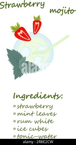 Strawberry mojito cocktail recipe with lettering and ingredients. Vector design of card menu. EPS. Isolate. Good for poster, banner, brochures, cards Stock Vector