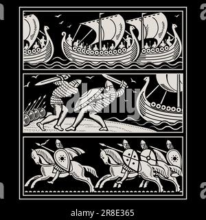 Design in Old Norse style. Ancient Celtic Scandinavian warriors with swords, shields and horseback riding. Viking ships Drakkars Stock Vector