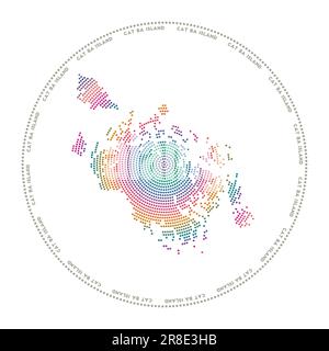 Cat Ba Island round logo. Digital style shape of Cat Ba Island in dotted circle with the name. Tech icon with graduated dots. Stock Vector