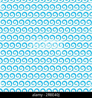 Curly blue ocean surf waves seamless pattern, sea water wave curls vector background. Marine wave pattern with ocean ripple splashes, blue water flow swings and wave tide curls and curves Stock Vector