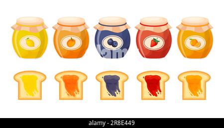 Set of fruit jams in a glass jars. Jelly or marmalade with toast bread. Vector jam confiture in a trendy flat style. Stock Vector