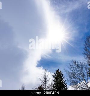 USA, Idaho, Hailey, Sun shining through clouds with trees on foreground Stock Photo