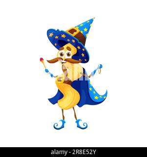 Cartoon Halloween italian pasta wizard character. Isolated vector torchio noodle personage wearing pointed hat and cloak with stars holding magic wand and amulet ready to cast delicious culinary spell Stock Vector