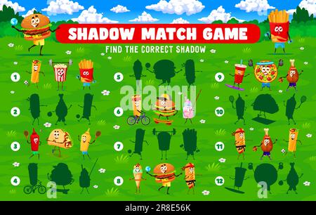 Shadow match game. Cartoon fastfood characters on sport vacation. Matching quiz vector worksheet with burger, popcorn, pizza, soda and taco, fries cute personage playing ball, skating and doing sports Stock Vector