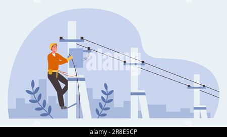 Electrician worker. Lineman climbing utility pole repairing high-voltage power lines, cable repairman fix transformer on electric post vector illustra Stock Vector