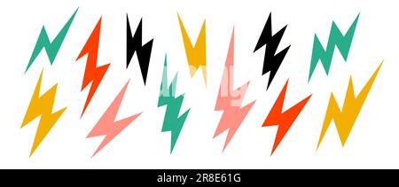 Colorful lightning bolt set. Bright thunderbolt collection. Flash symbols in cartoon colors. Lightning strike signs. Vector illustration  Stock Vector