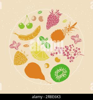 Fruit illustration sketch style retro colors circle composition vector Stock Vector