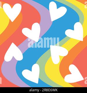 Vector seamless pattern of hearts isolated on groovy wavy lgbt flag rainbow Stock Vector