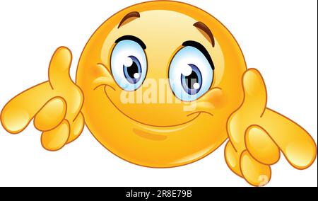 Happy emoji emoticon showing double thumbs up and pointing finger outward directly at the viewer Stock Vector