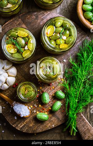 Homemade food: Pickled cucamelons (pickled cucumbers, pickled gherkins), grown in a organic kitchen Stock Photo