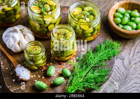 Homemade food: Pickled cucamelons (pickled cucumbers, pickled gherkins), grown in a organic kitchen Stock Photo