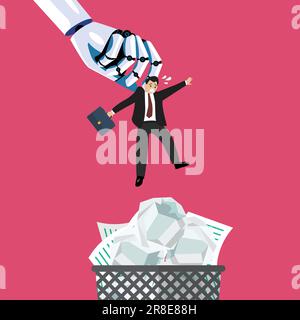 Robot throwing man in a trash can. Artifical intelligence replacing jobs concept. Vector illustration Stock Vector