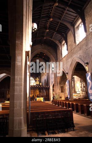 Looking east down the nave to the rood screen, chancel, altar and east window, St Nicholas Cathedral, Newcastle-upon-Tyne Stock Photo