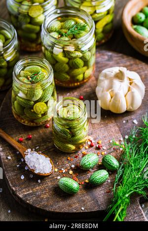 Homemade food: Pickled cucamelons (pickled cucumbers, pickled gherkins), grown in a organic kitchen Stock Photo
