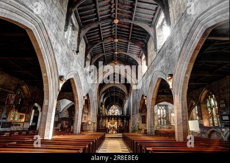 Looking east down the nave to the rood screen, chancel, altar and east window, St Nicholas Cathedral, Newcastle-upon-Tyne Stock Photo