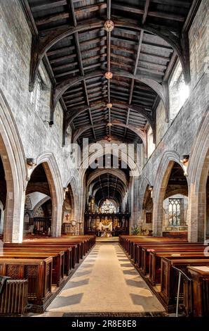 Looking east down the nave to the rood screen, chancel, altar and east window, St Nicholas Cathedral, Newcastle-upon-Tyne Stock Photo